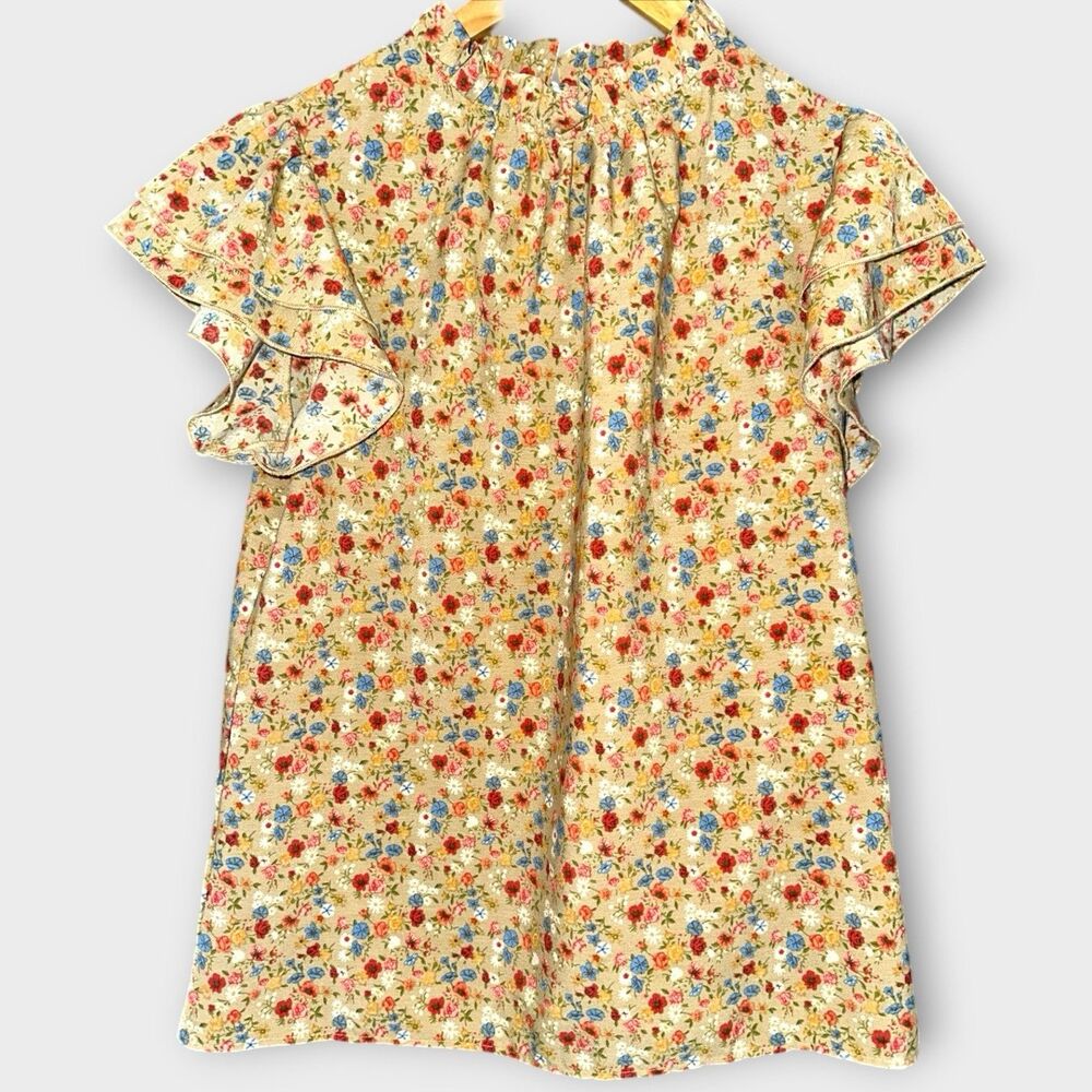 Yellow Ditsy Floral Flutter Sleeve Blouse Top Small Cottagecore Boho Spring